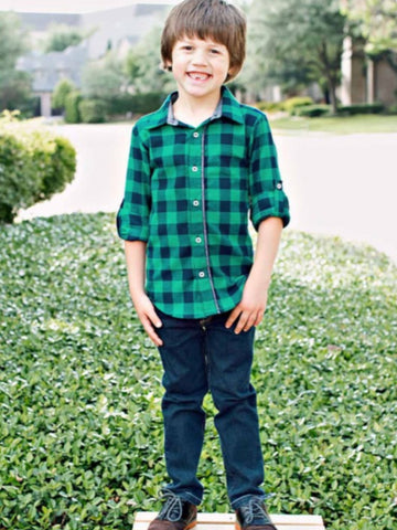 NAVY & EMERALD BUFFALO PLAID BUTTON DOWN