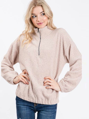 TAUPE POODLE HALF ZIP SWEATER