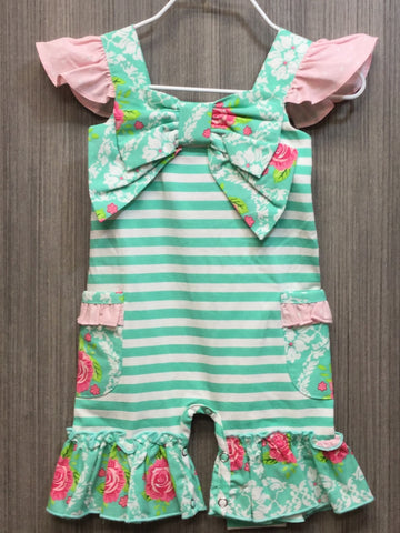 TURQUOISE FLORAL FLUTTER BOW SHORTALL & HAIR ACCESSORY