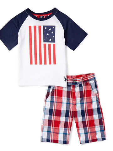 BLUE US FLAG RAGLAN TEE & PLAID SHORTS - 24M