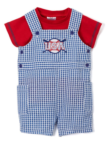 BLUE USA FLAG SEERSUCKER SHORTALL & RED TEE