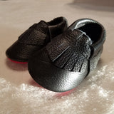 BLACK WITH RED SOLE LEATHER BABY MOCCASINS